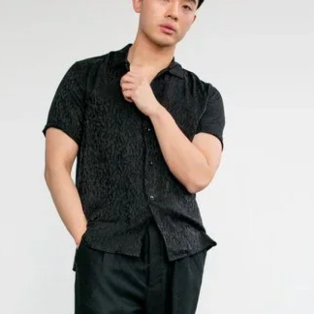 Saint Laurent Black Patterned Jacquard Short Sleeve Button Up Shirt